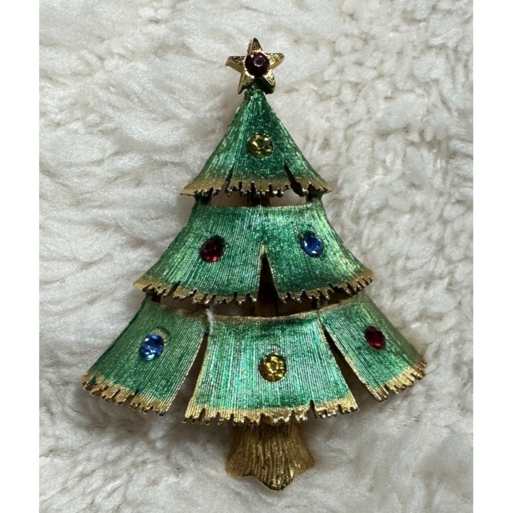 Vintage JJ Christmas Tree Brooch Green Enamel Rhinestone Book Piece Signed